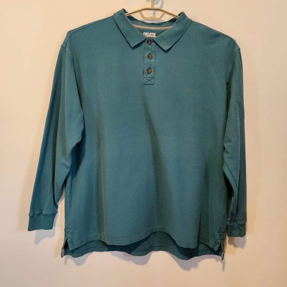 Duluth Trading Long Sleeve Polo Shirt Mens 2XL Teal Blue Cotton Henley Collared